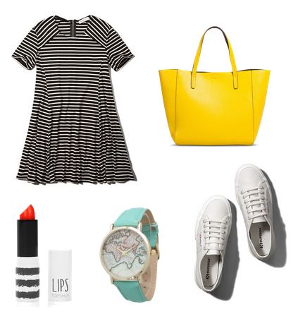 striped dress and white sneakers