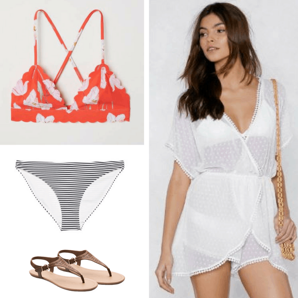 For a bold look at the pool, pair a bright orange floral bikini top with classic striped bikini bottoms! Throw on a fun transparent white romper that will show off your multi-patterned swim suit.