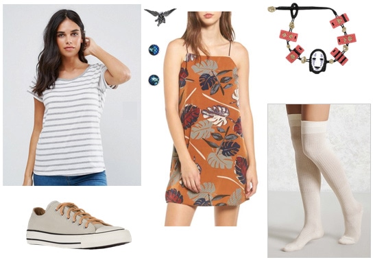 Outfit inspired by Spirited Away movie: Orange dress worn over a striped tee shirt, gray Converse sneakers, high socks, cute jewelry