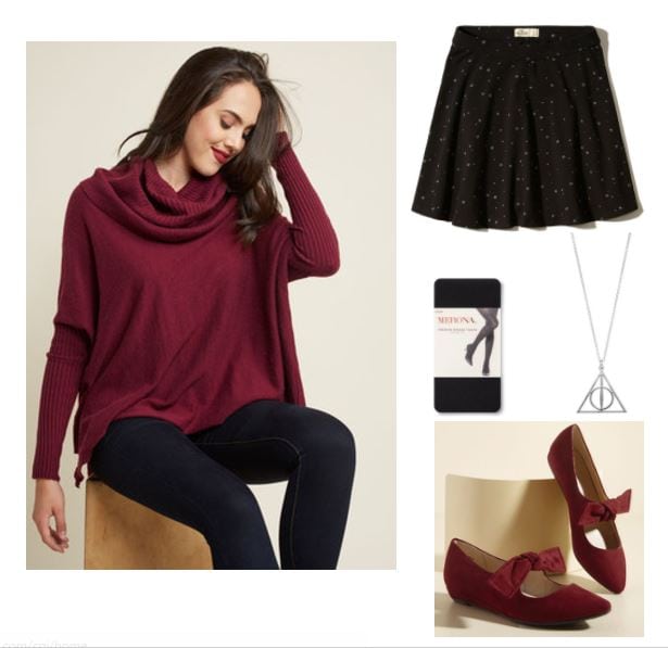 Study outfit for a study date: Cozy red cowl neck sweater, cute polka dot skirt, Deathly Hallows necklace, bow flats, black opaque tights