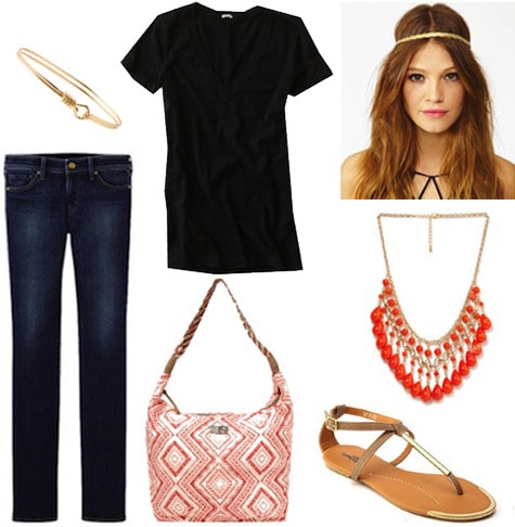 Style remix: Black tee and skinnies styled with metallic sandals, a coral bag, red statement necklace, and hippie headband