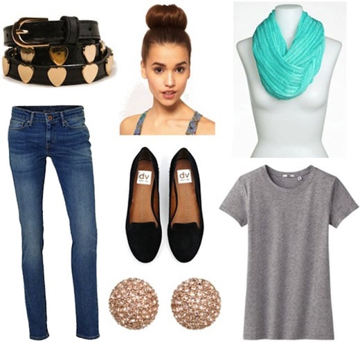 Style remix: Grey tee and skinnies styled with loafers, stud earrings, a belt, and statement scarf