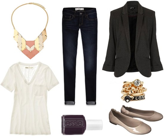 Style remix: White tee and skinnies styled with nude flats, a blazer, statement necklace, and chunky ring