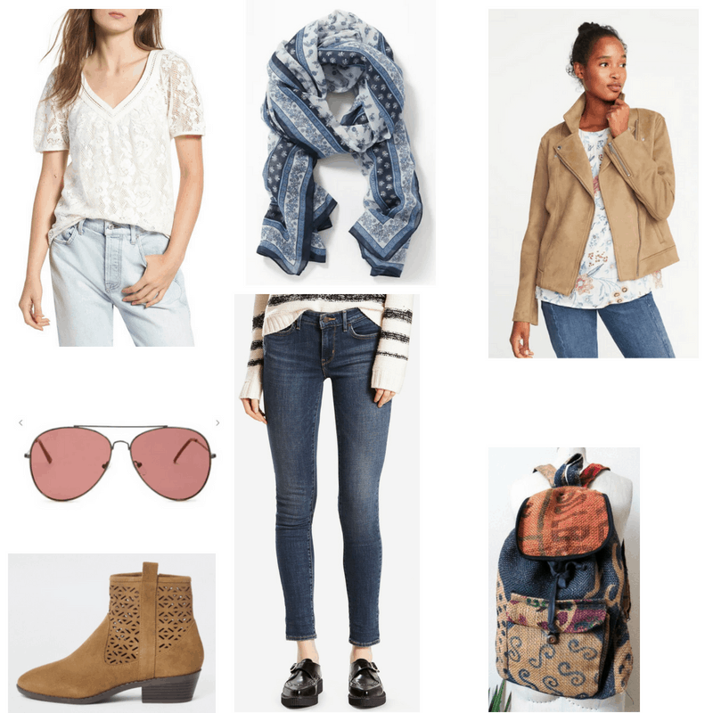 Outfit with white lace top, suede jacket, paisley scarf, skinny jeans, ankle boots, aviator sunglasses, and backpack