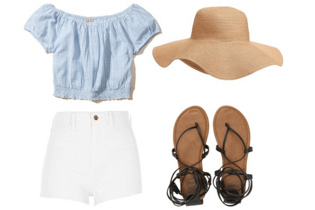 Striped top, white shorts, floppy hat.