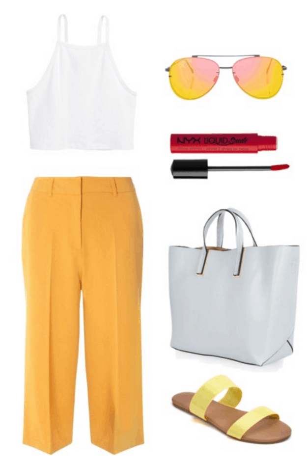 White crop top, yellow pants, yellow sandals.