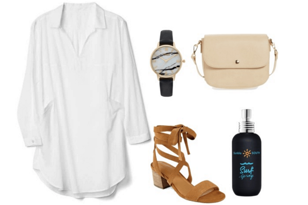 White shirtdress, sandals, beach spray.