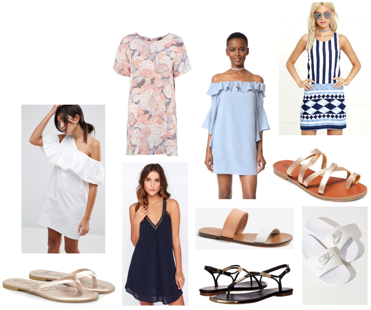 Summer college outfits: Shift dress and sandals. Includes: White off-shoulder ruffle dress, pink and blue patterned shift dress, blue off-the-shoulder shift dress, light blue and navy patterned shift dress. Sandals include gold strappy sandals, black Dolce Vita sandals, white Nike slip ons, metallic gold flip flops