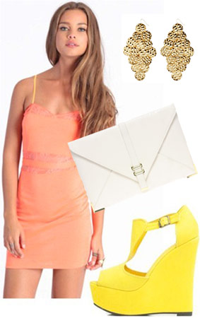 Outfit inspired by the Summer Fling: Coral minidress, white clutch, neon yellow heels, statement earrings