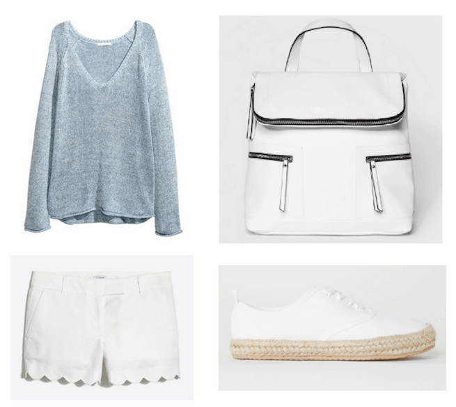 Photo set including a blue sweater, white scallop hem shorts, a white bookbag purse, and white espadrille sneakers.