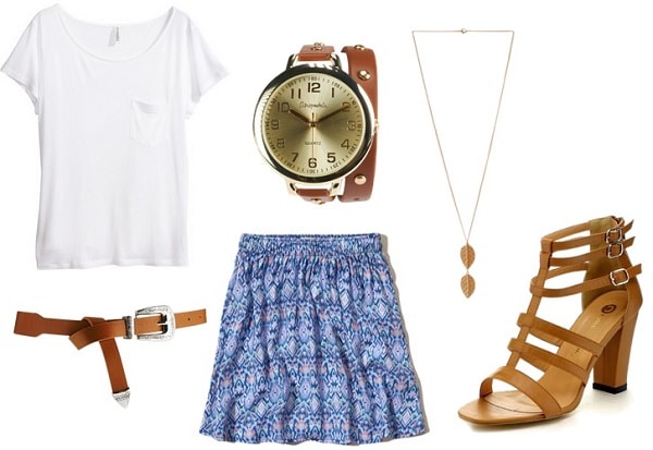 Summer Class Outfit: Printed Skirt, White Top, and Sandals