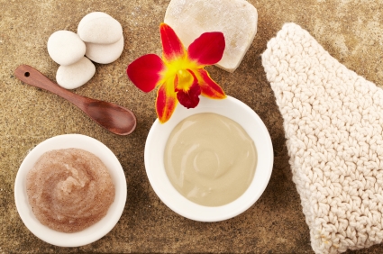 Spa still life orchid, mud mask, spoon sugar scrub, soap