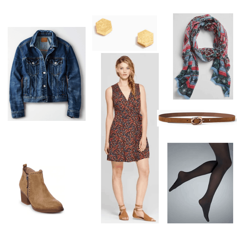 Outfit with denim jacket, floral dress, black tights, studded ankle boots, printed scarf, brown skinny belt, and geometric earrings