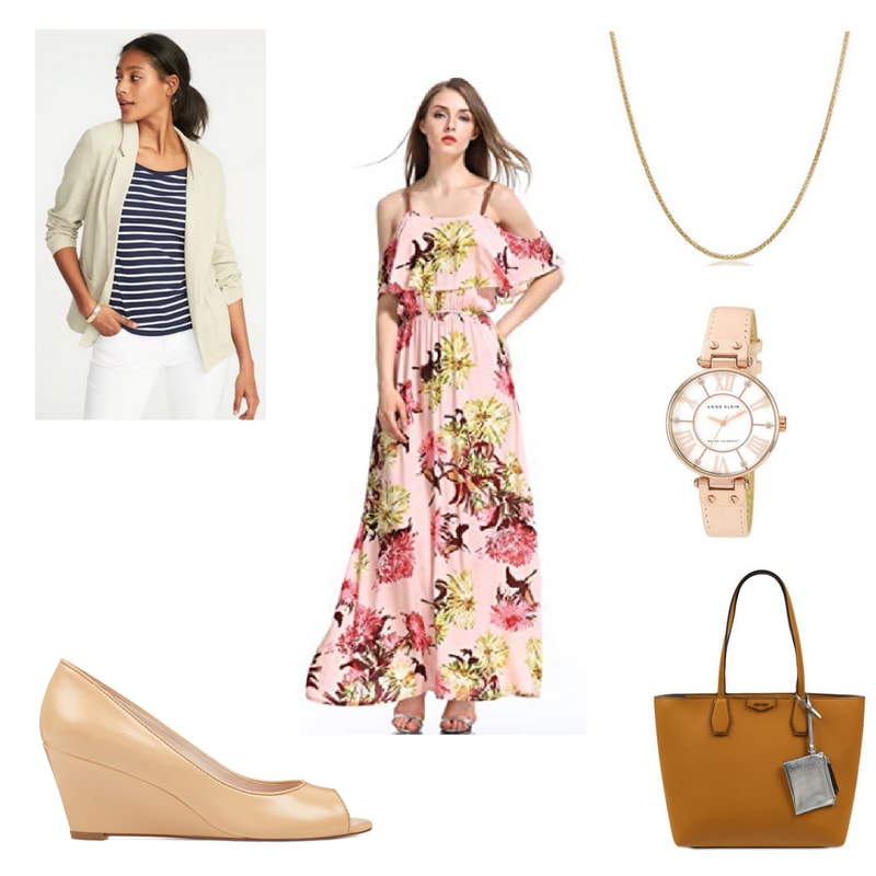 How to wear a maxi dress to work with a cream blazer, rose gold watch, nude peep toe wedges, and a brown tote bag