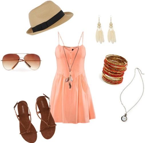 How to wear a simple sundress: Outift 1 - Music festival - Sandals, aviator sunglasses, fedora hat, necklaces, bangles, earrings