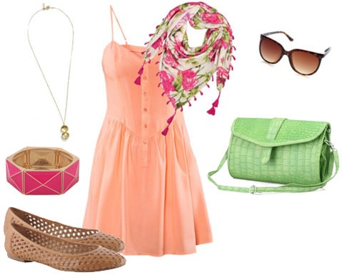How to wear a simple sundress: Outift 3 - Floral scarf, hot pink bangle, green bag, cutout flats, sunglasses, simple necklace