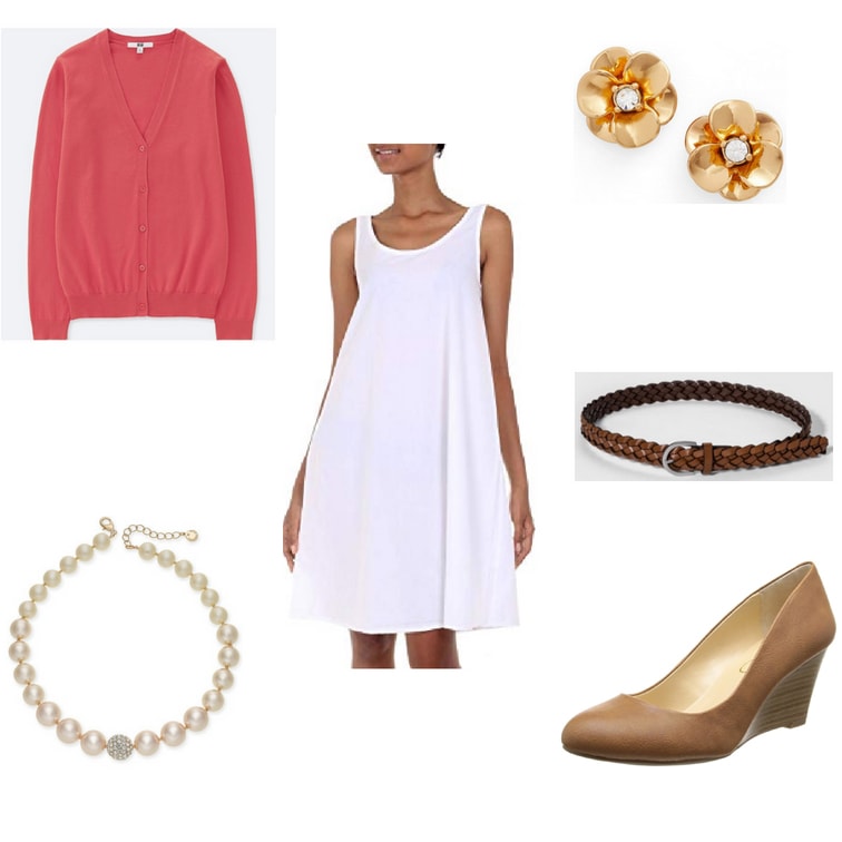 How to style a sundress for work with a pink cardigan sweater, brown wedge heels, pearls, earrings, and a simple belt