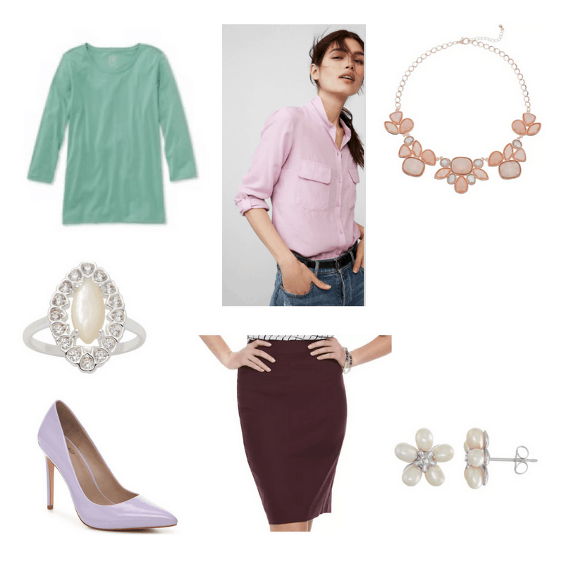 Outfit with mint tee, lilac button-down, lilac pumps, purple pencil skirt, flower stud earrings, bib necklace, and cocktail ring