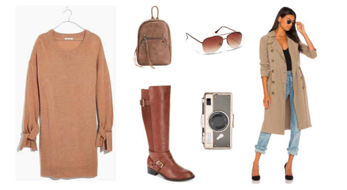 How to wear a sweater dress with boots to class -- outfit with camel long sleeve sweater dress, brown knee high boots, tan trench coat, aviator sunglasses, suede backpack