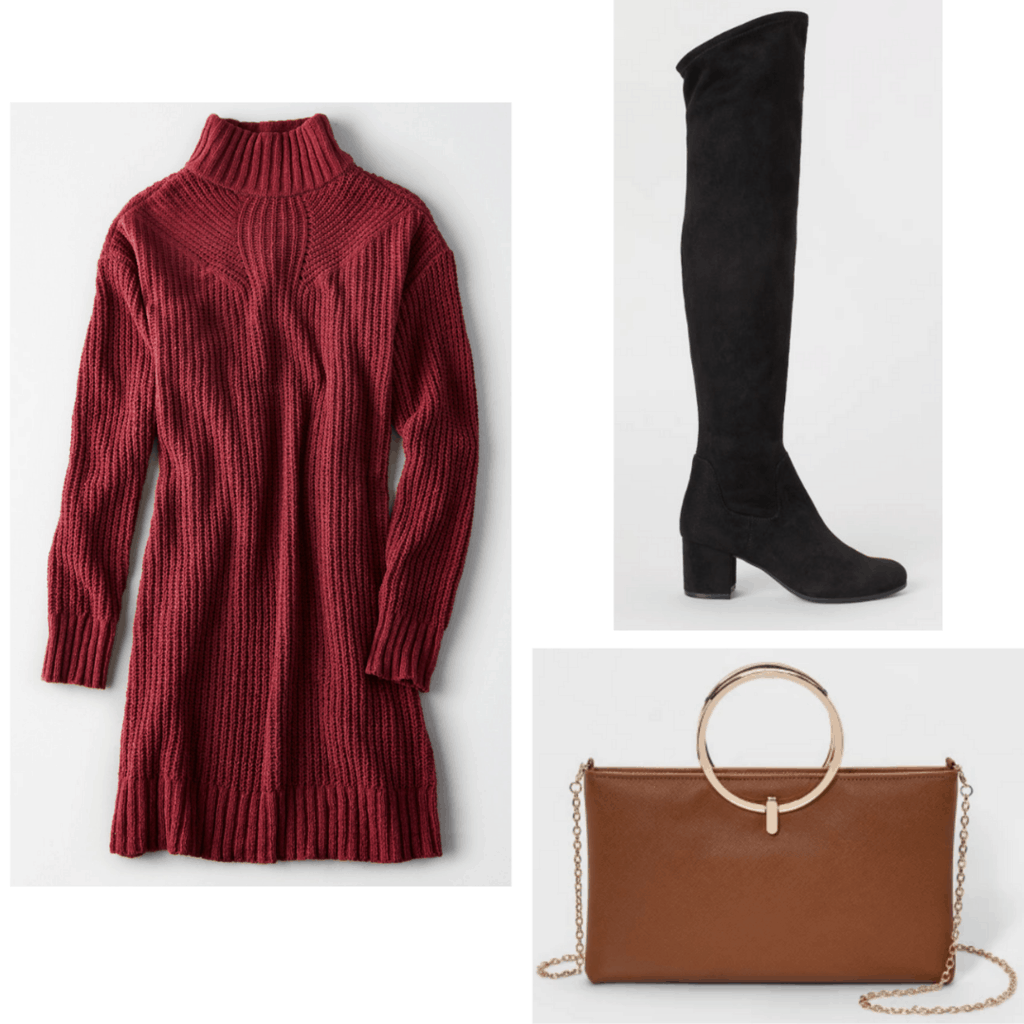 Red sweater dress with black knee high boots and brown hand bag