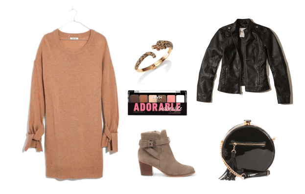 How to wear a sweater dress with boots for a night out -- outfit with camel sweater dress, black motorcycle jacket, tan suede ankle booties, round black bag, cheetah bangle, eyeshadow palette