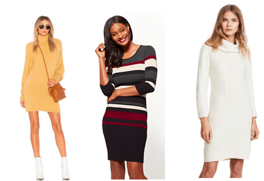 Sweater dress trend: Orange turtleneck sweater dress, gray, white, black and burgundy striped sweater dress, white cowl neck sweaterdress