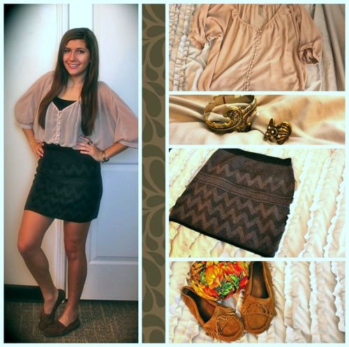 Sweater skirt and chiffon blouse outfit