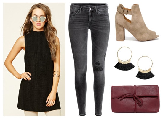 sleeveless sweater, black skinny jeans, heeled ankle boots
