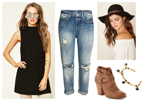 sleeveless sweater, boyfriend jeans, booties
