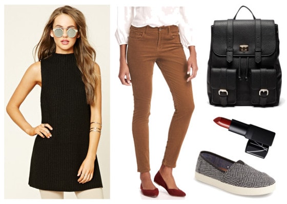 sleeveless sweater, cords, slip-on sneakers