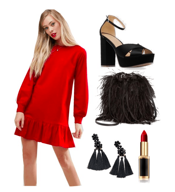 Polyvore set including: A blonde model wearing a sweatshirt pephem dress, satin heels, a black furry bag, black tassel earrings, and red lipstick.