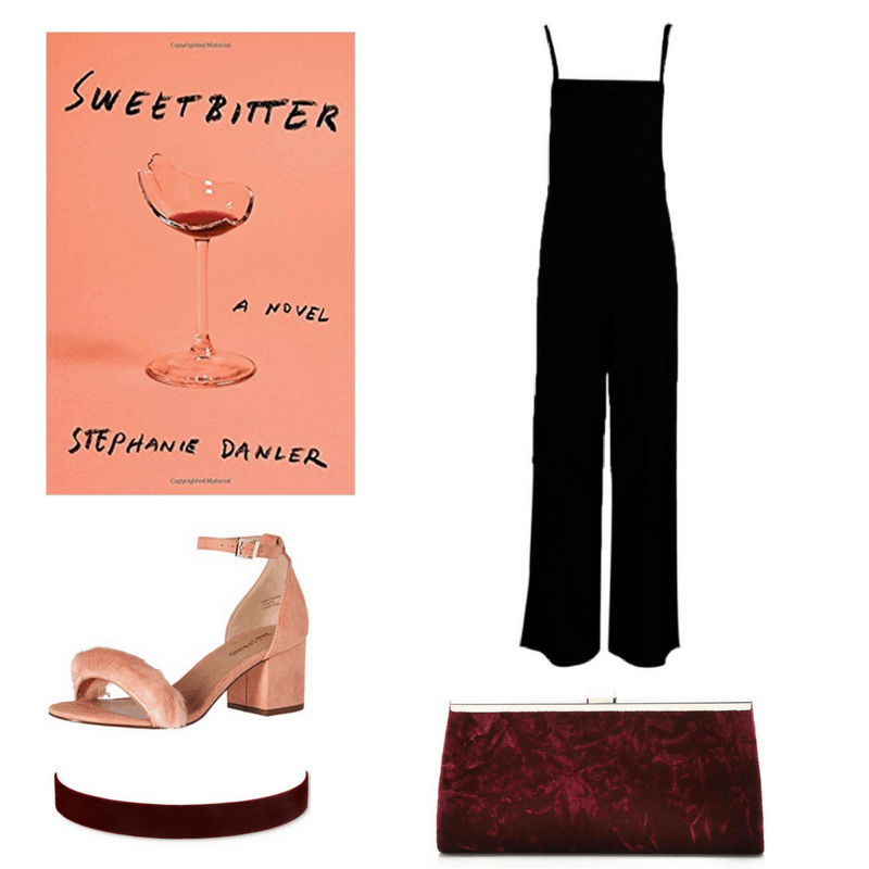 An outfit for Sweetbitter, featuring a black jumpsuit, peach heels, and maroon velvet choker and clutch.