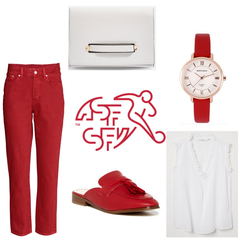 FIFA World Cup outfit inspired by Switzerland: Red cropped flare jeans, white ruffle top, red mules, white clutch, red watch