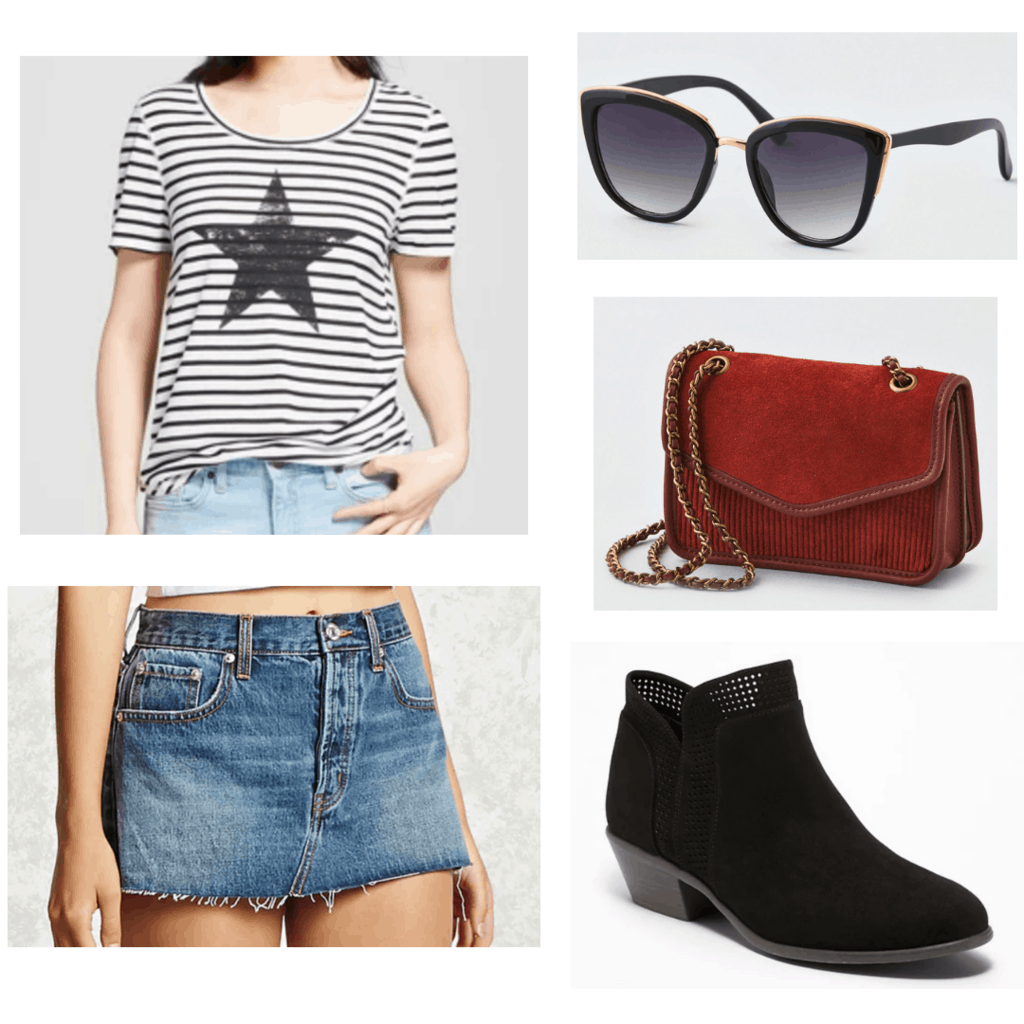 striped star t shirt, black sunglasses, red cross body bag, black booties, and denim skirt