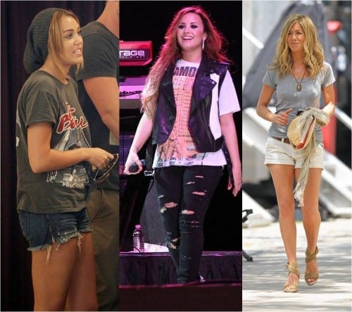 Miley Cyrus, Demi Lovato, and Jennifer Aniston in basic tee shirts