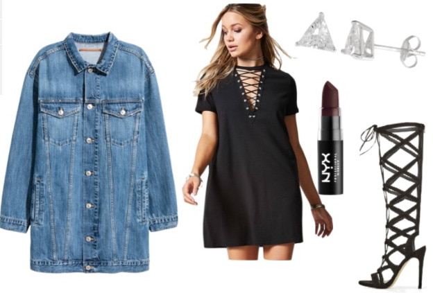 Dressed Up T-Shirt Dress: How to style a lace-up tee shirt dress for a night out with cage sandals, dark lipstick, stud earrings and an oversized jean jacket