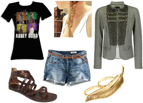 T-shirt outfit 1: Beatles Abbey Road tee, cutoff denim shorts, military jacket, two-finger ring, sandals
