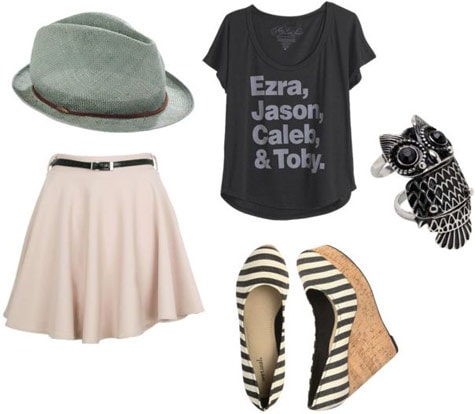 T-shirt outfit 2: Light pink swing skirt, graphic tee, striped wedges, fedora
