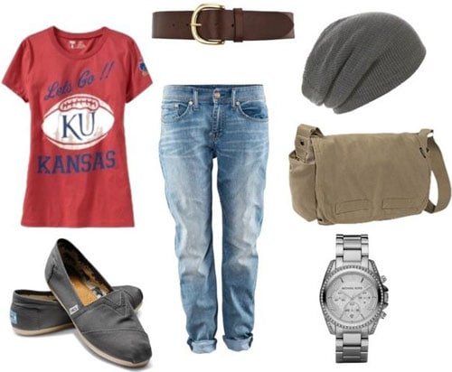 T-shirt outfit 3: Androgynous look with boyfriend jeans, red graphic tee, basic toms shoes, messenger bag, belt, menswear watch, beanie