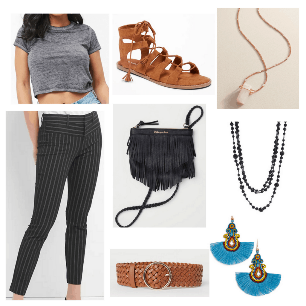 Gray t shirt with gray pin strip pants, brown sandals, black fringe purse, braided brown belt, tassel earrings and layering necklaces