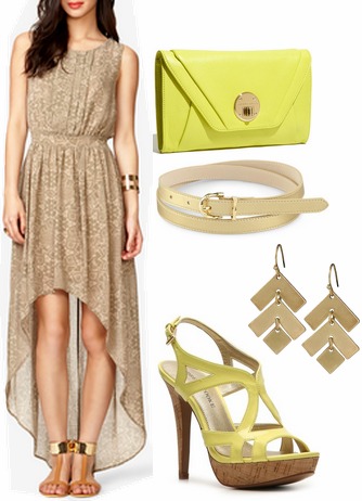 Tan dress, citron heels and citron clutch