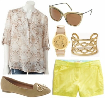 Tan print blouse, citron shorts, tan loafers