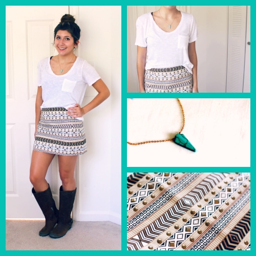  Tan-Printed-Skirt-Sorel-Boots-Turquoise-Necklace-Messy-Bun