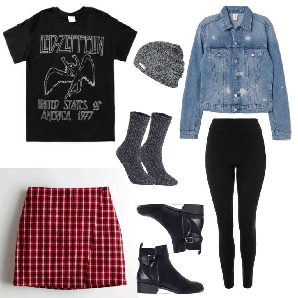 Dress like Tandy from Clock & Dagger: Led Zeppelin T-Shirt, Light Denim Jacket, Gray Beanie, Crew Socks, Black Legging, Plaid Mini Skirt, Black Ankle Boots