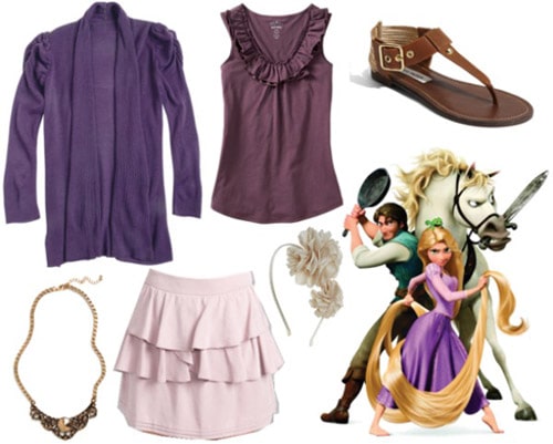 Outfit inspired by Rapunzel from Tangled - lavender skirt, purple tank, purple cardigan