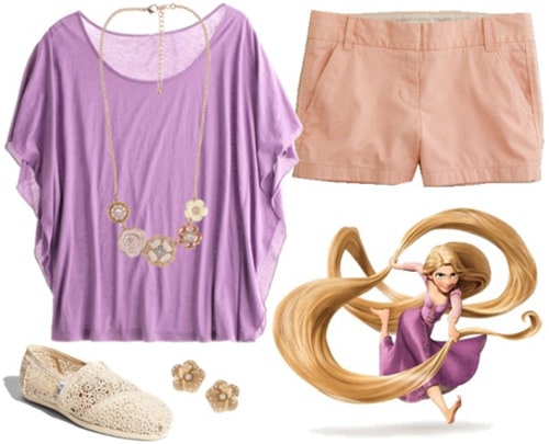 Outfit inspired by Rapunzel from Tangled - purple top and pink shorts