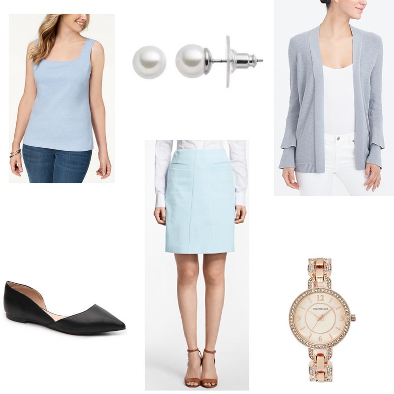 How to wear a tank top to work with pencil skirt, ruffle cardigan, pearl earrings, flats, and watch