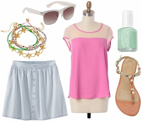 Target denim button front skirt, colorblocked top, embellished sandals