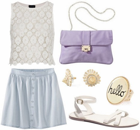 Target denim button front skirt, lace top, white sandals