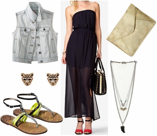 Target denim vest, black maxi dress, sandals